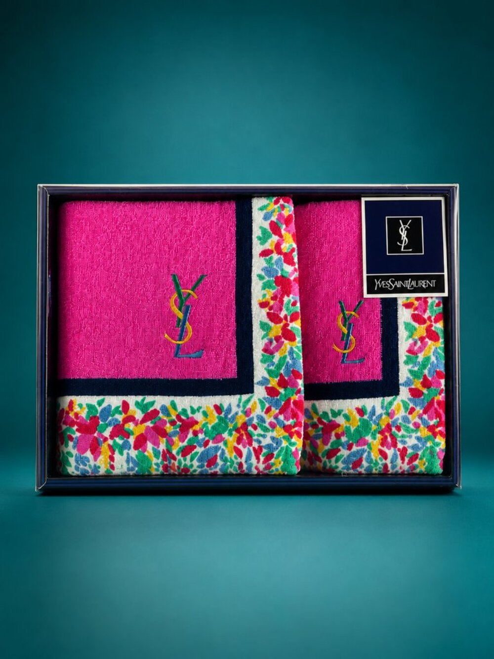 Yves Saint Laurent (YSL) Vintage Pink Floral Embroidered Bath Towel Gift Set - Picture 2 of 8